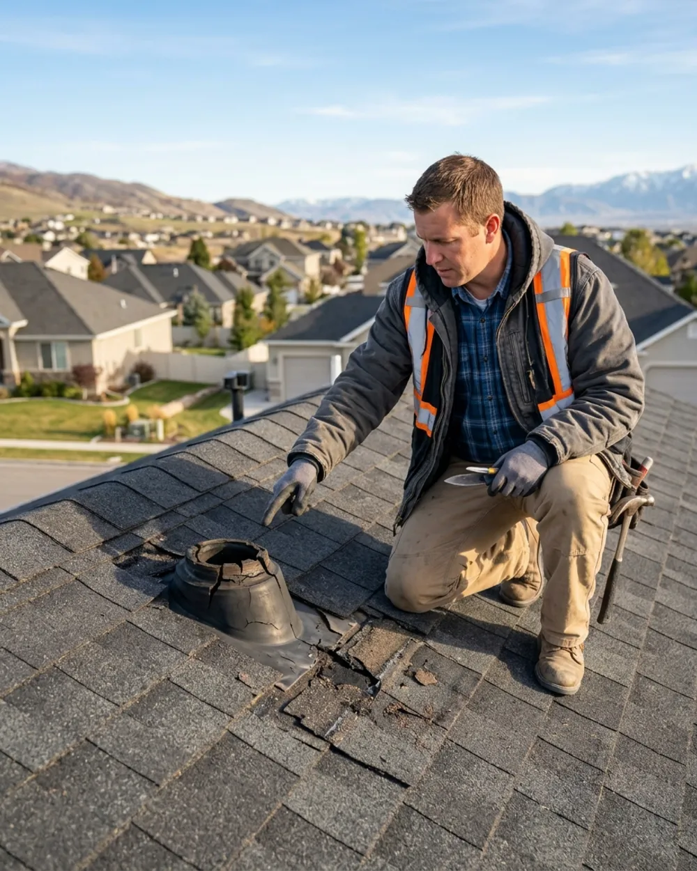 Roofer assessing a shingle roof
